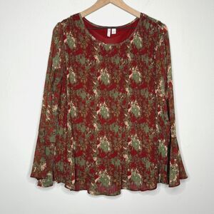 Cato‎ Womens Blouse 14/16W Red Pleated Sheer Top Balloon Sleeve Boho Peasantcore